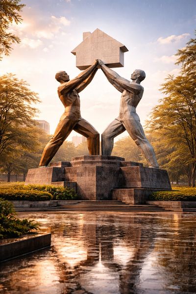 Statue of two male figures sculpted with a high-poly form, supporting a white stone house overhead.
