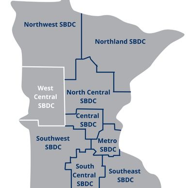 Map of Minnesota highlighting West Central SBDC regional boundaries.