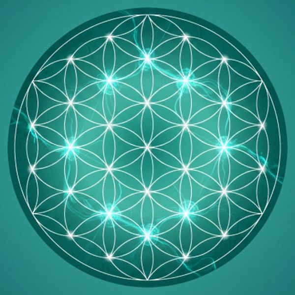Glowing geometric pattern of interconnected circles on a teal background.