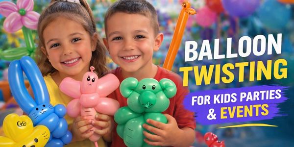 Happy kids holding colorful balloon animals at a party event.