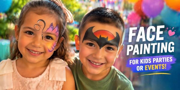 Two kids with colorful face paintings smiling at a party.