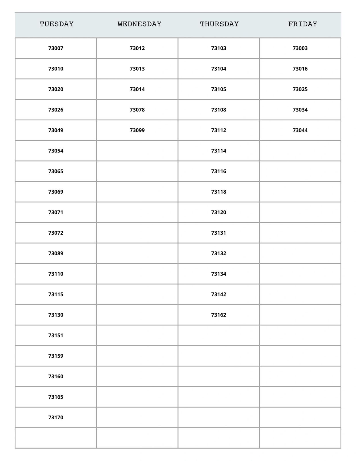 Table showing ZIP codes organized by Tuesday to Friday columns.