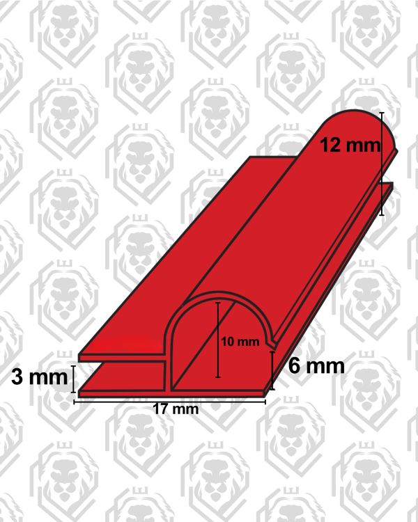 Technical drawing of a red profile with detailed dimensions in millimeters.