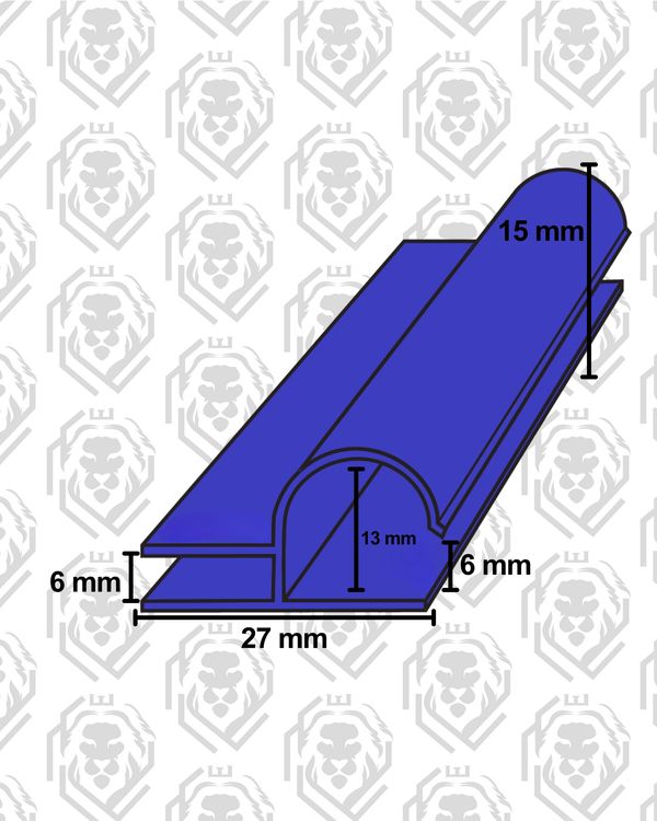 3D diagram of a blue metal profile with detailed measurements in millimeters.