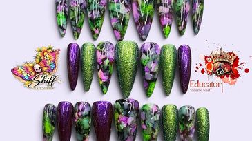 Purple and green floral themed nail art set.