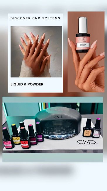CND nail system products and manicured hands.