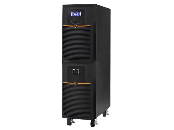 Dijital ekranlı UPS cihazı, tekerlekli ve siyah renkte.