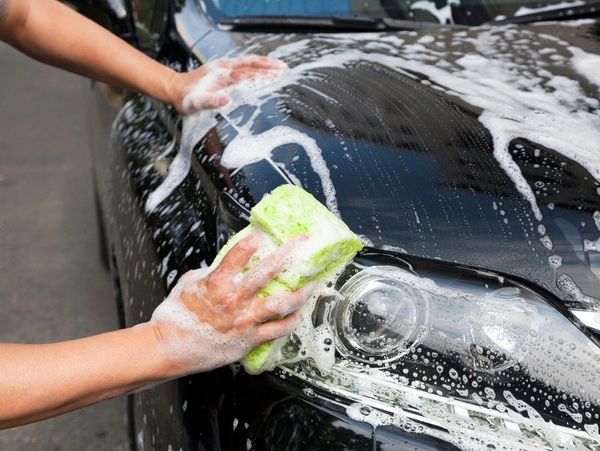 hands hold sponge for washing car at work of place