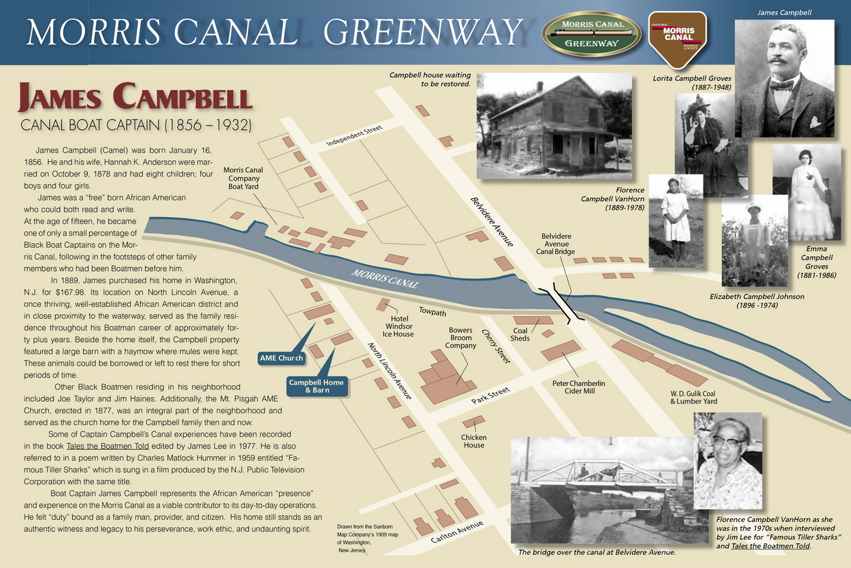 Poster of the Morris Canal Greenway with a map of the Morris Canal, family, and canal photos