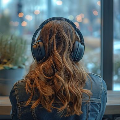 Telehealth Therapy Near Me. Image of a girl from behind with headphones on her head.