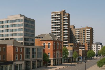 Modern and traditional buildings line a quiet city street under a clear sky.