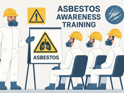 Workers in protective gear attending asbestos awareness training session.