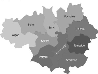 Simple grey map showing Manchester and surrounding areas.