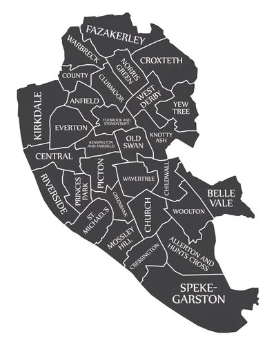 Simple grey map of Liverpool and surrounding Merseyside - Birkenhead, St Helens, Widnes, and Wirral.