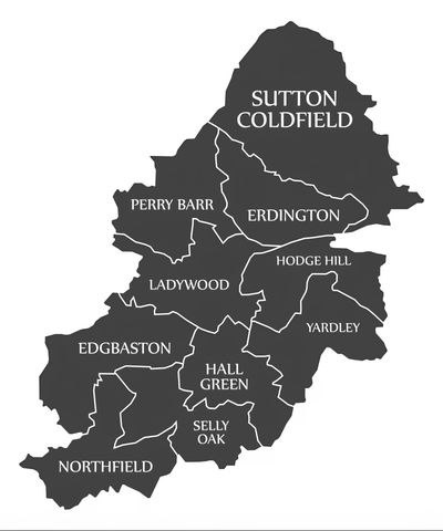 Map of Birmingham & surrounding area: Solihull, Sutton Coldfield, Dudley, Wolverhampton, & Walsall.