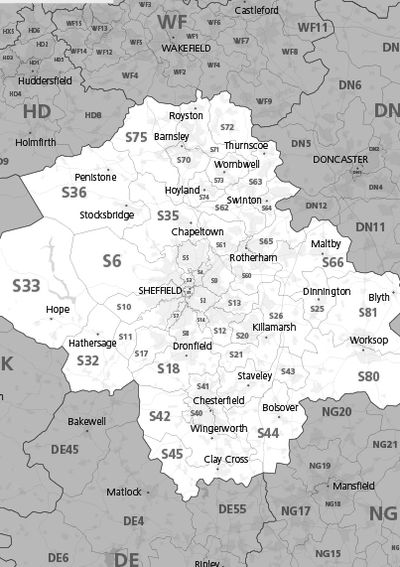 Map showing Sheffield & South Yorkshire area: Rotherham, Barnsley, Doncaster, Worksop & Chesterfield