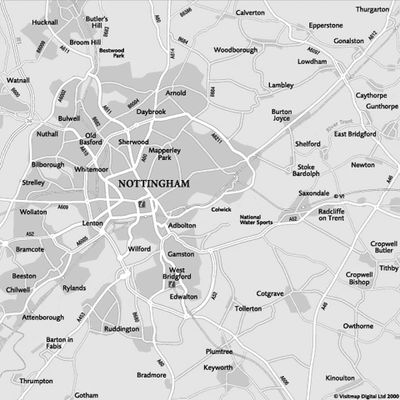 Map of Nottingham & surrounding area: Derby, Loughborough, Mansfield, Newark-on-Trent, & Beeston.