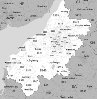 Map of Bristol and surrounding areas: Bath, Clevedon, Portishead, Yate, and Thornbury.