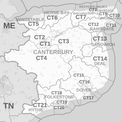 Map showing Canterbury & nearby areas: Whitstable, Herne Bay, Faversham, Ashford, Dover & Folkestone