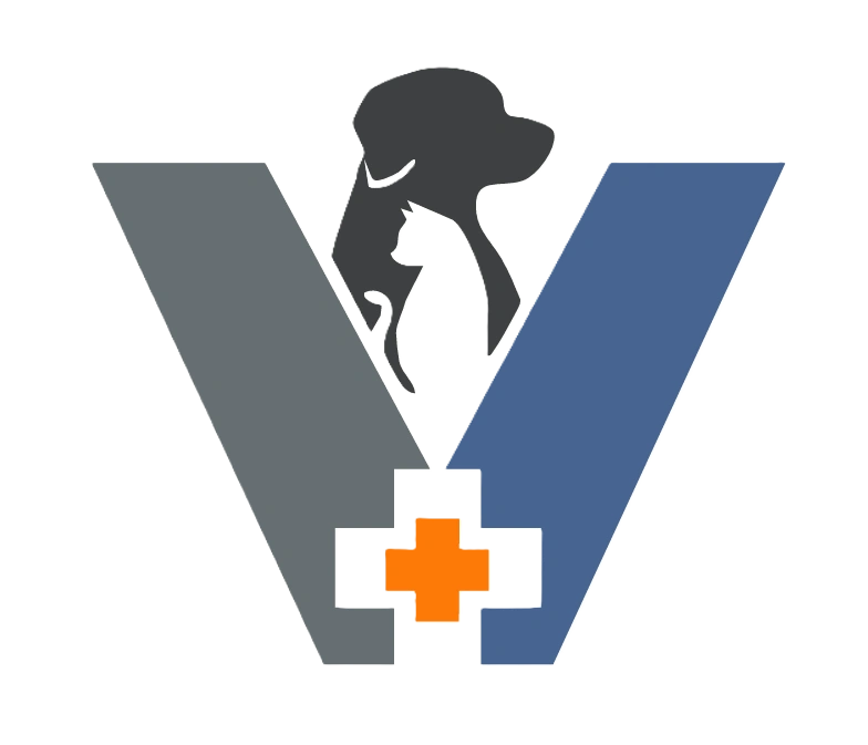 Logo featuring a dog, cat, and medical cross symbol.