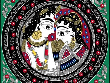 Intricate Madhubani art depicting a couple surrounded by floral patterns.