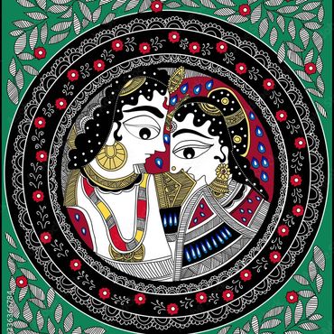 Intricate Madhubani art depicting a couple surrounded by floral patterns.
