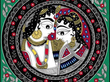 Intricate Madhubani art depicting a couple surrounded by floral patterns.