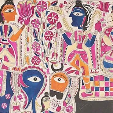 Traditional Indian folk art showing colorful figures and elephants.