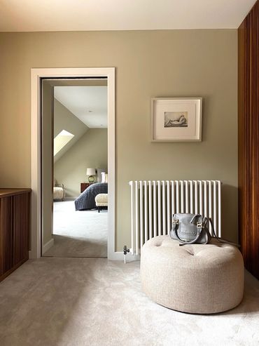 Dressing room and Master bedroom in Farrow and Ball Bone. Bespoke cabinetry. Lovely lines.