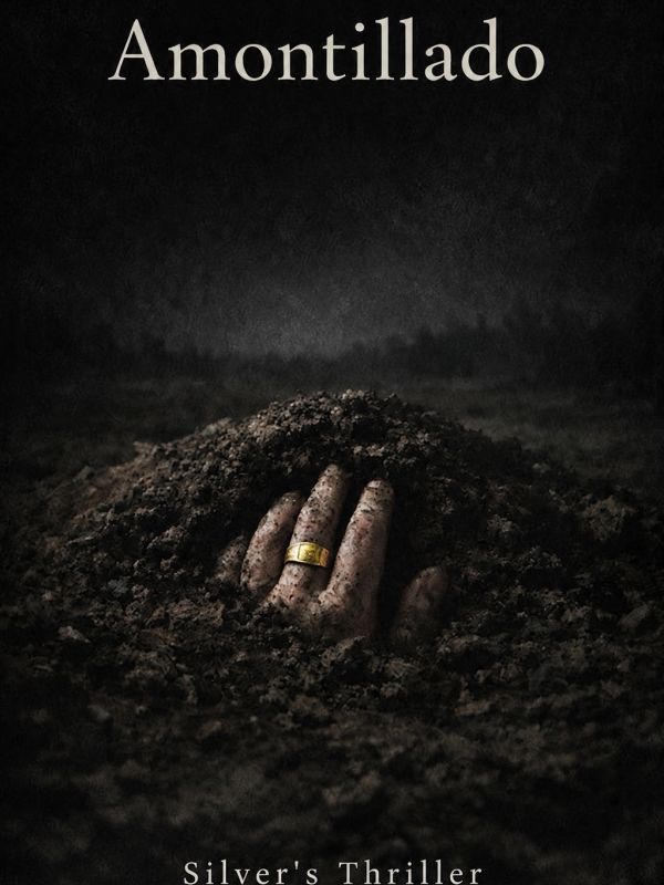 A hand with a ring buried in dark soil under the title 'Amontillado'.