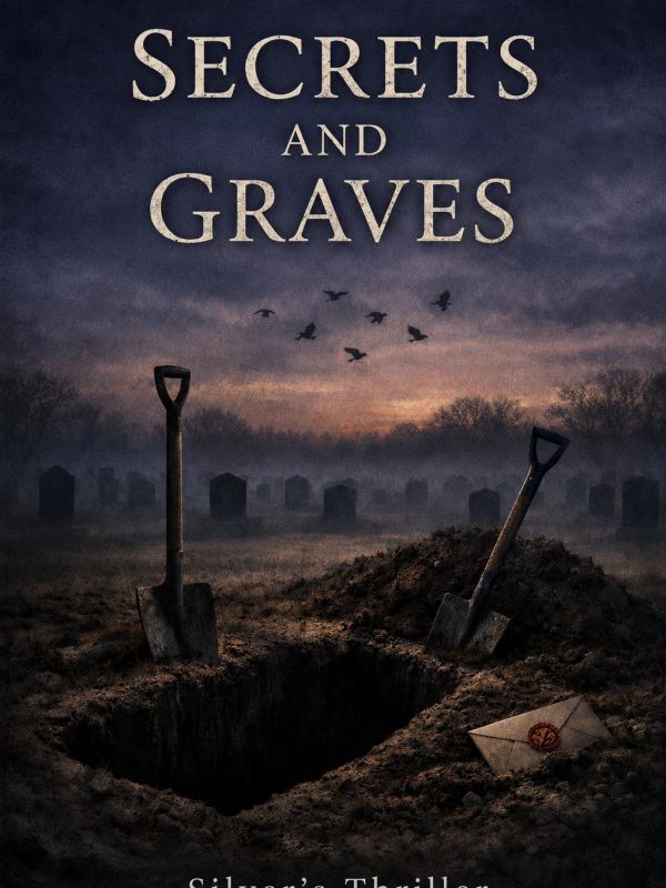 Dark thriller cover with a grave, shovels, and a sealed envelope at dusk.