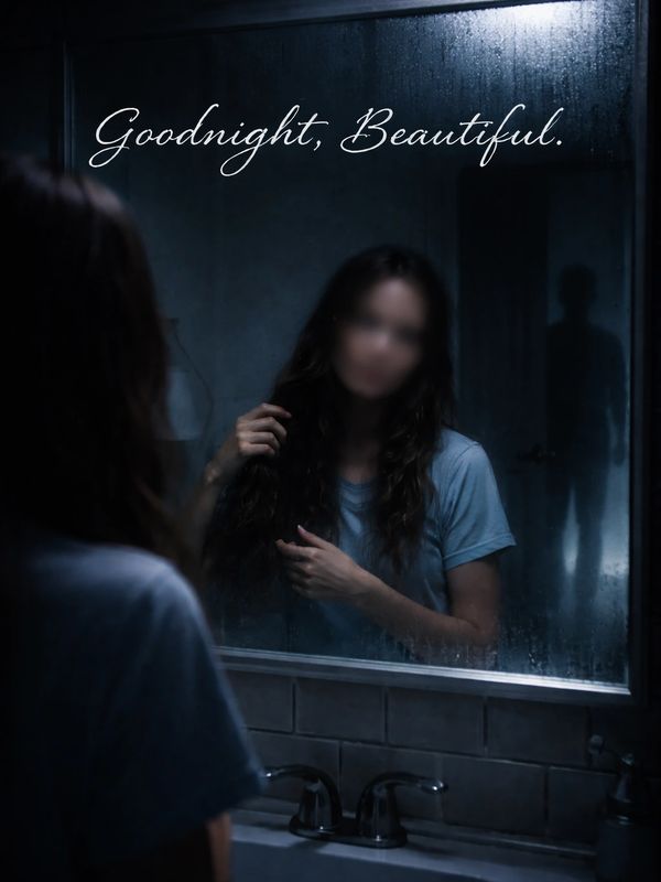 Woman looks at herself in a foggy bathroom mirror with text: "Goodnight, Beautiful."