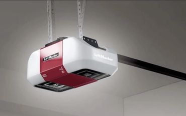 LiftMaster garage door opener mounted on ceiling.