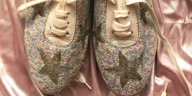 Caparros brand vintage silver beaded star tennis shoes with pastel color confetti beaded background.