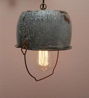 custom made light fixture using an antique enamel bucket