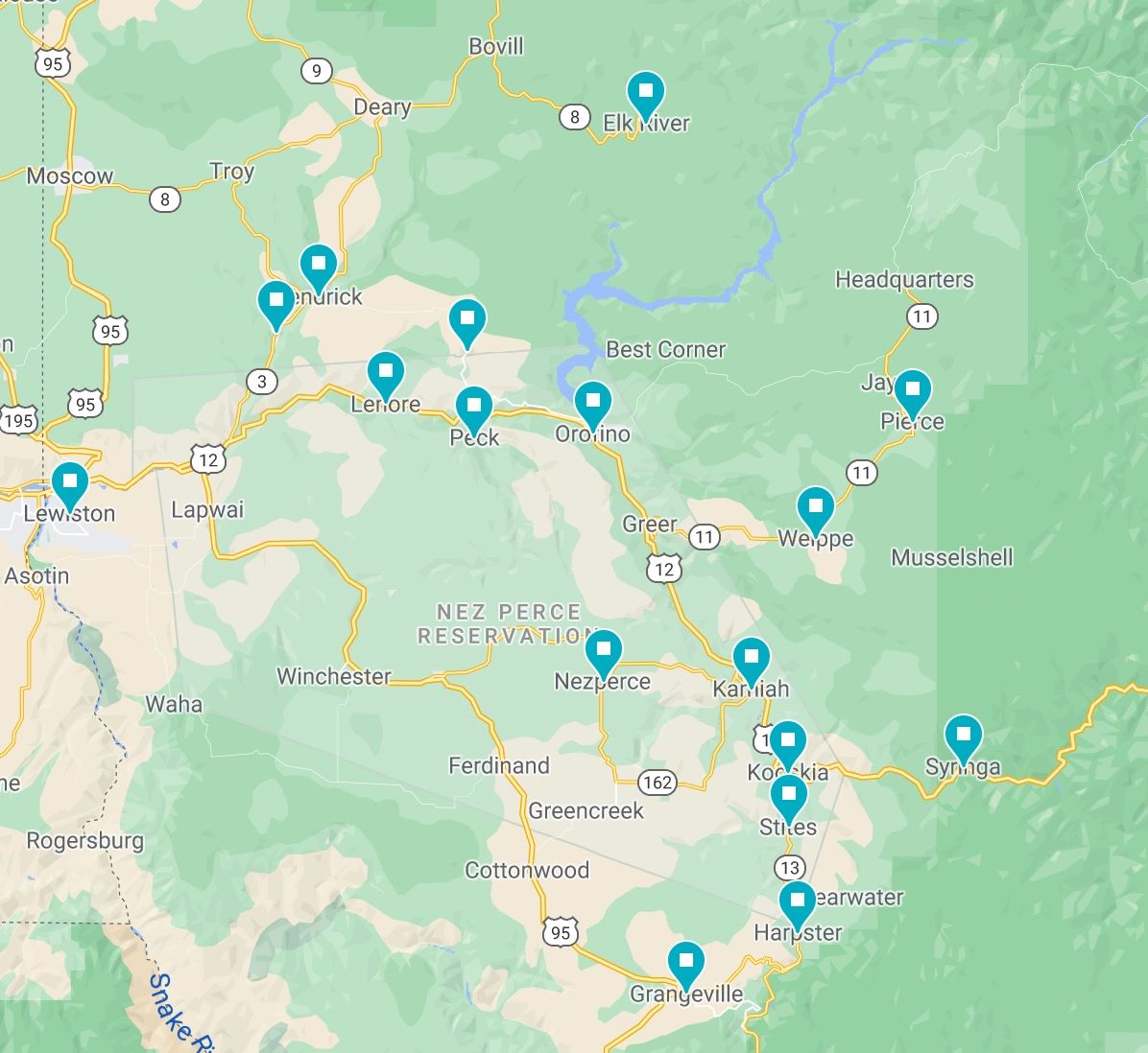 Orofino, Lewiston, Peck, Lenore, Cavendish, Pierce, Weippe, Kamiah, Kooskia, Syringa, Stites, Grange
