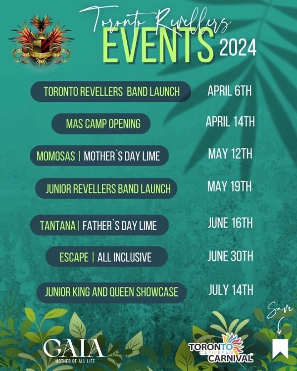 Toronto revelers list of summer soca events flyer.