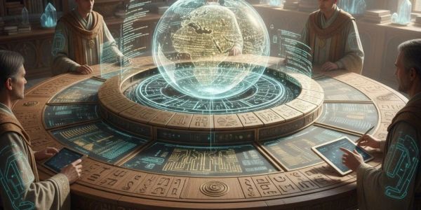 Futuristic meeting with holographic globe and digital interfaces.