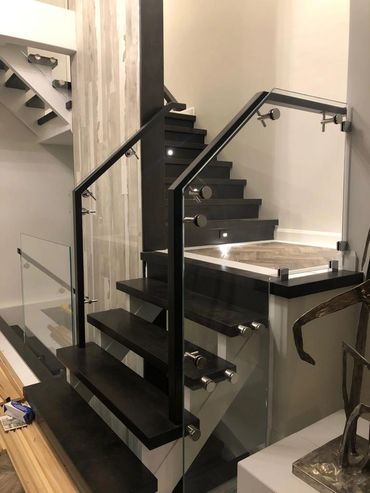 Glass Railing Toronto Standoff System. Custom wood Handrail.