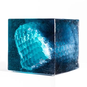 Aqua Indigo Cube. 2021. hollow core glass, 9" x 9" x 9"