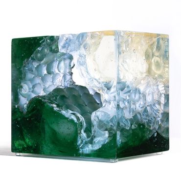 Lavender Green Cube, 2021, hollow core cast glass, 9" x 8" x 6" 
