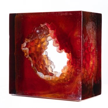 Rhubarb Shift Cube, 2021, hollow core glass, 10" x 10" x 6"