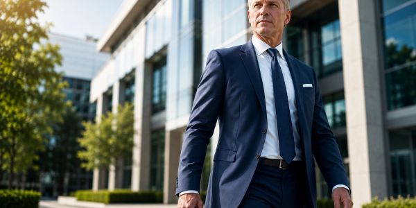 Confident businessman walking outside modern office buildings on a sunny day.