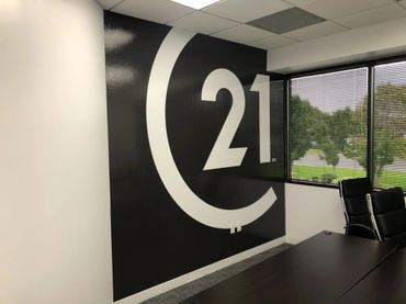 Vinyl accent wall in a real-estate office.