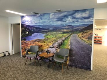 Wall mural using General Formation's pre-pasted wallpaper material. Allows for direct printing