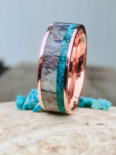 Elk antler and Bisbee turquoise inlayed in a copper ring