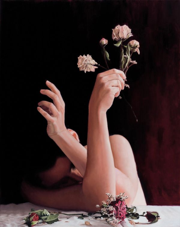 Painting of two hands holding flowers