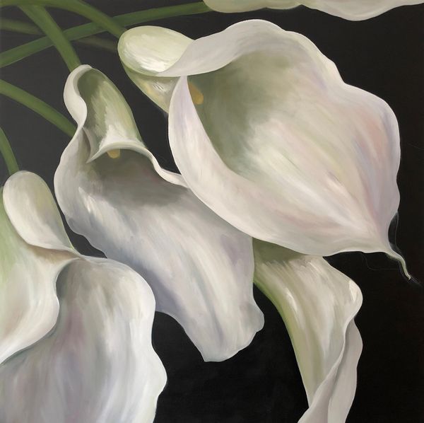 A painting of white calla lilies
