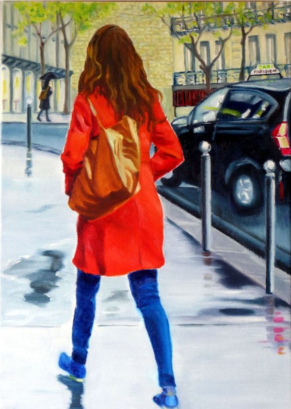 Painting of the back of a woman walking in a street scene