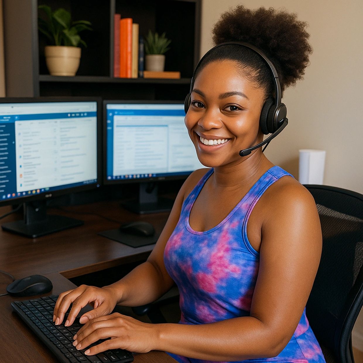 Smiling woman in headset working at a dual-monitor computer setup.